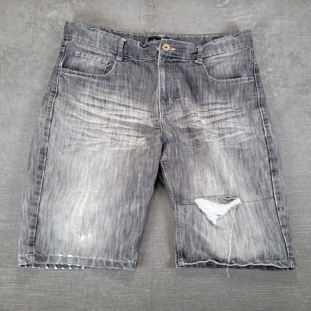 Black Lacquer Y2K Mens Gray‎ Distressed Denim Shorts Sz 36 Acid Wash Ripped